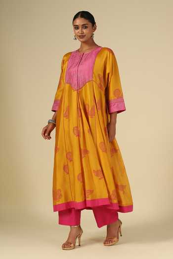 LATHA PUTTANNA_Pink , Cotton, Organza, Chanderi Embroidery Block Print Kurta Set _at_Aza_Fashions