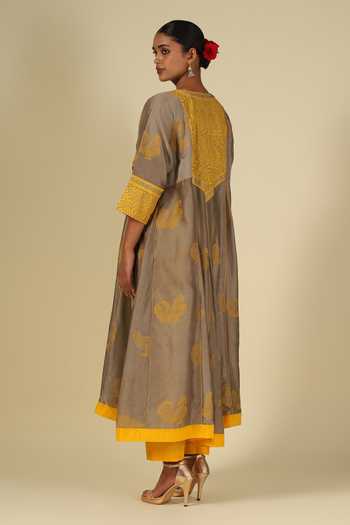 Shop_LATHA PUTTANNA_Silver Cotton, Organza, Chanderi Silk Block Print Kurta Set With Dupatta _at_Aza_Fashions