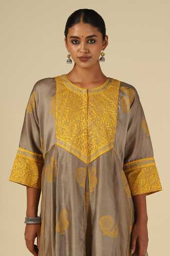 LATHA PUTTANNA_Silver Cotton, Organza, Chanderi Silk Block Print Kurta Set With Dupatta _at_Aza_Fashions