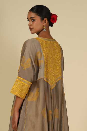 Shop_LATHA PUTTANNA_Silver Cotton, Organza, Chanderi Silk Block Print Kurta Set With Dupatta 