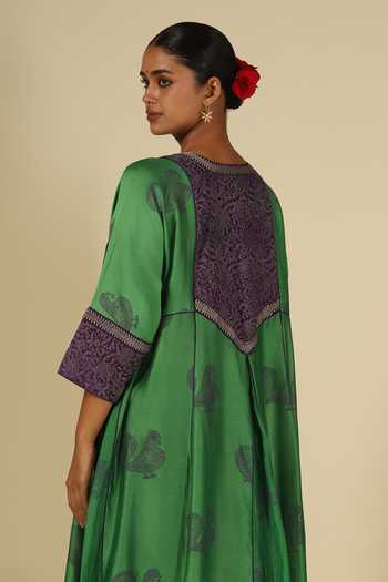 LATHA PUTTANNA_Green , Cotton, Organza, Chanderi Block Print Anarkali Kurta Set _Online_at_Aza_Fashions