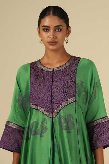 Buy_LATHA PUTTANNA_Green , Cotton, Organza, Chanderi Block Print Anarkali Kurta Set _Online_at_Aza_Fashions