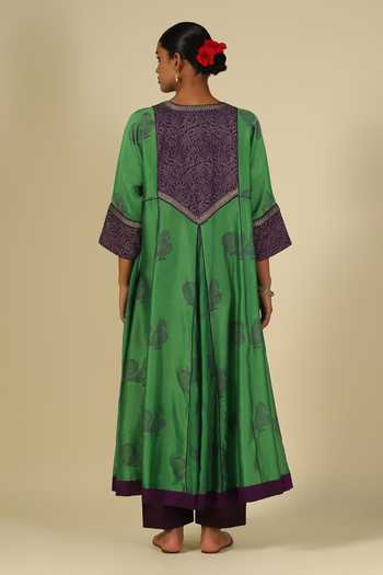 Shop_LATHA PUTTANNA_Green , Cotton, Organza, Chanderi Block Print Anarkali Kurta Set _at_Aza_Fashions