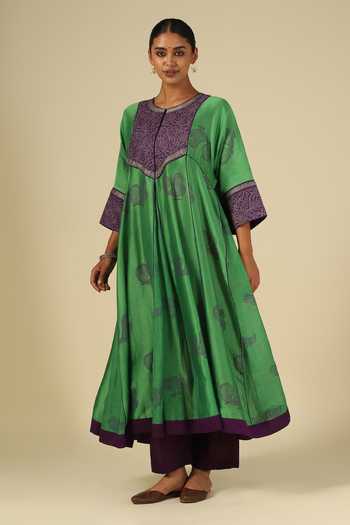 Shop_LATHA PUTTANNA_Green , Cotton, Organza, Chanderi Block Print Anarkali Kurta Set _Online_at_Aza_Fashions