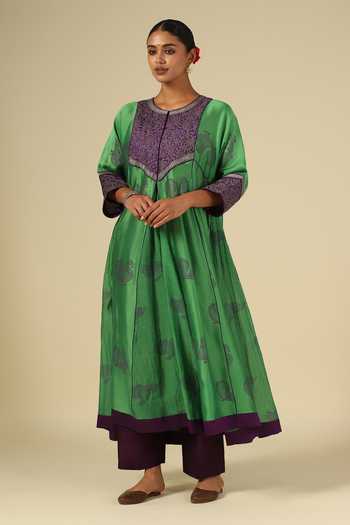 LATHA PUTTANNA_Green , Cotton, Organza, Chanderi Block Print Anarkali Kurta Set _at_Aza_Fashions