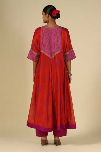 Shop_LATHA PUTTANNA_Red Chanderi Silk, Silk, Cotton, Organza Block Print Thread Anarkali Set _at_Aza_Fashions