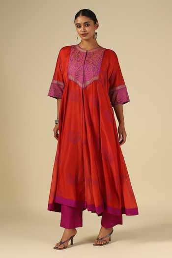 LATHA PUTTANNA_Red Chanderi Silk, Silk, Cotton, Organza Block Print Thread Anarkali Set _Online_at_Aza_Fashions