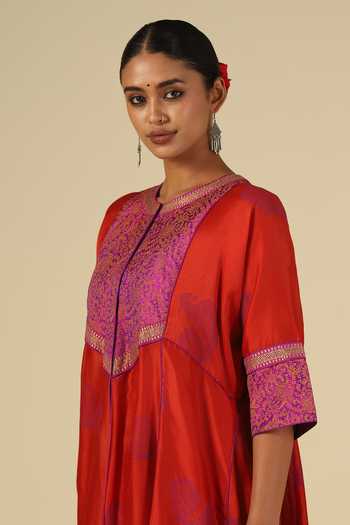 Shop_LATHA PUTTANNA_Red Chanderi Silk, Silk, Cotton, Organza Block Print Thread Anarkali Set _Online_at_Aza_Fashions