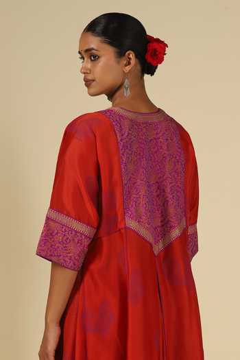 LATHA PUTTANNA_Red Chanderi Silk, Silk, Cotton, Organza Block Print Thread Anarkali Set _at_Aza_Fashions