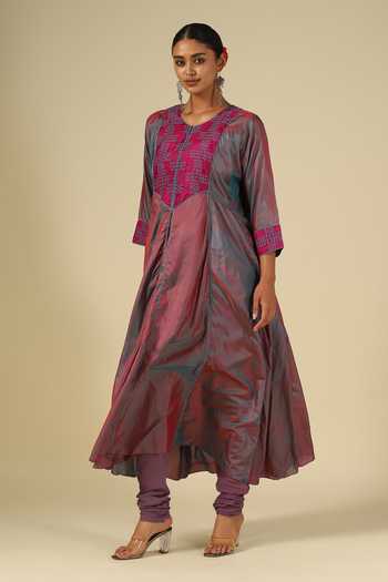 LATHA PUTTANNA_Blue , Cotton, Organza, Chanderi Embroidery V-neck, Thread Kurta Set _Online_at_Aza_Fashions