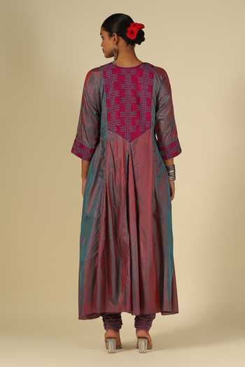 Shop_LATHA PUTTANNA_Blue , Cotton, Organza, Chanderi Embroidery V-neck, Thread Kurta Set _at_Aza_Fashions