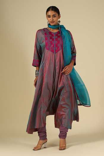 Shop_LATHA PUTTANNA_Blue , Cotton, Organza, Chanderi Embroidery V-neck, Thread Kurta Set _Online_at_Aza_Fashions