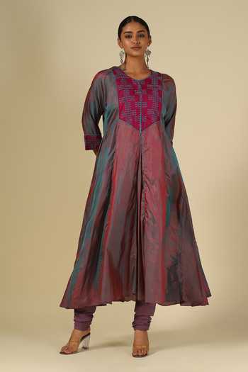 LATHA PUTTANNA_Blue , Cotton, Organza, Chanderi Embroidery V-neck, Thread Kurta Set _at_Aza_Fashions