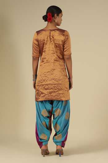 Shop_LATHA PUTTANNA_Brown Silk, Tissue Embroidery, Zari Kanchi Karnataka Kurta And Salwar Set _at_Aza_Fashions