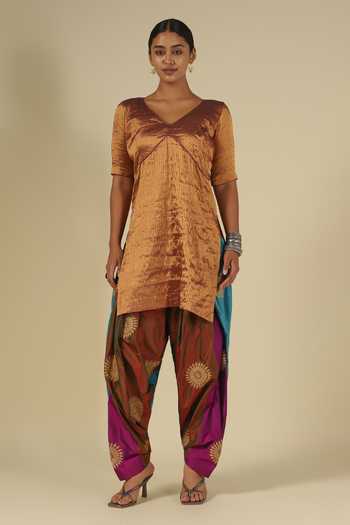 LATHA PUTTANNA_Brown Silk, Tissue Embroidery, Zari Kanchi Karnataka Kurta And Salwar Set _Online_at_Aza_Fashions