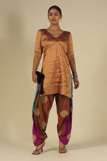 Shop_LATHA PUTTANNA_Brown Silk, Tissue Embroidery, Zari Kanchi Karnataka Kurta And Salwar Set _Online_at_Aza_Fashions