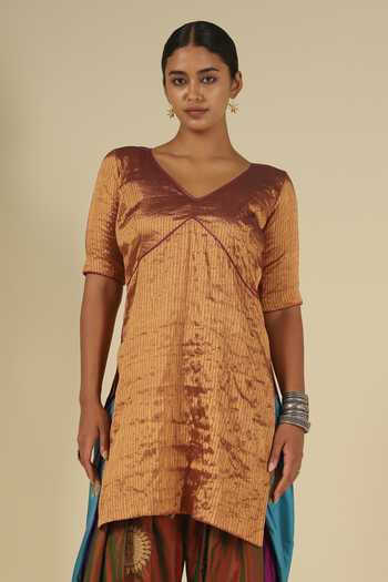 LATHA PUTTANNA_Brown Silk, Tissue Embroidery, Zari Kanchi Karnataka Kurta And Salwar Set _at_Aza_Fashions