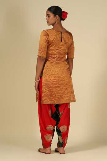 Shop_LATHA PUTTANNA_Gold Silk, Tissue Embroidery, Zari, Stones, Tassels V-neck, Kanchi Kurta Set _at_Aza_Fashions