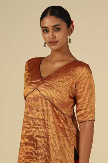 Buy_LATHA PUTTANNA_Gold Silk, Tissue Embroidery, Zari, Stones, Tassels V-neck, Kanchi Kurta Set _Online_at_Aza_Fashions