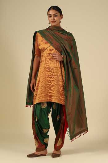 Shop_LATHA PUTTANNA_Gold Silk, Tissue Embroidery, Zari, Stones, Tassels V-neck, Kanchi Kurta Set _Online_at_Aza_Fashions