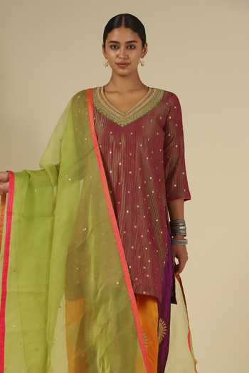 Shop_LATHA PUTTANNA_Maroon Silk, Organza Embroidery, Zari Hand Karnataka Kurta Set With Dupatta _Online_at_Aza_Fashions