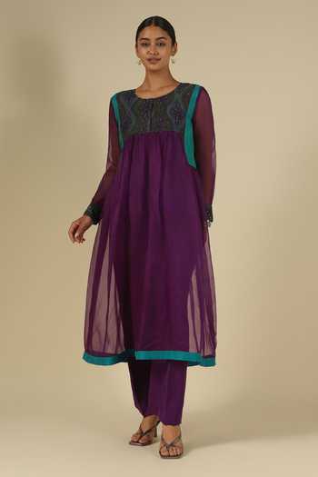 LATHA PUTTANNA_Purple Silk, Organza Embroidery Round Neck Block Print Kurta Set _Online_at_Aza_Fashions