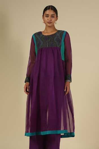 Shop_LATHA PUTTANNA_Purple Silk, Organza Embroidery Round Neck Block Print Kurta Set _Online_at_Aza_Fashions