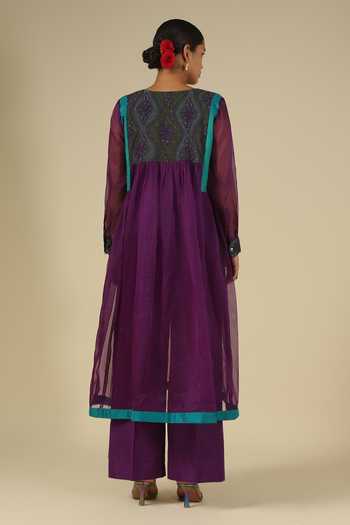 Shop_LATHA PUTTANNA_Purple Silk, Organza Embroidery Round Neck Block Print Kurta Set _at_Aza_Fashions