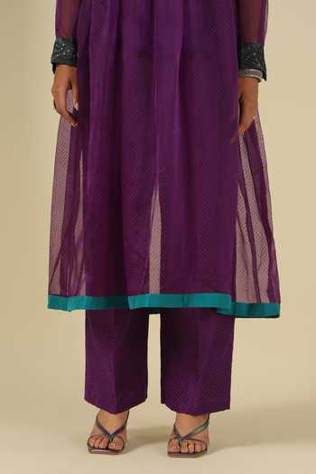 LATHA PUTTANNA_Purple Silk, Organza Embroidery Round Neck Block Print Kurta Set _at_Aza_Fashions