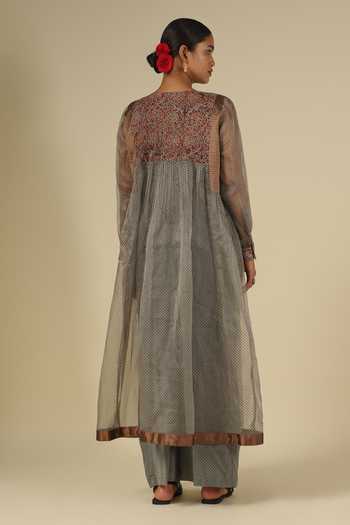 Shop_LATHA PUTTANNA_Brown Silk, Organza Embroidery Round Neck Kalamkari Kurta Set _at_Aza_Fashions