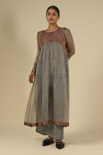 Shop_LATHA PUTTANNA_Brown Silk, Organza Embroidery Round Neck Kalamkari Kurta Set _Online_at_Aza_Fashions