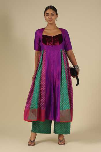 Buy_LATHA PUTTANNA_Purple Silk, Cotton, Velvet Block Print Karnataka Kurta And Trouser Set _at_Aza_Fashions