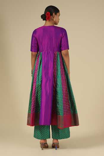 Shop_LATHA PUTTANNA_Purple Silk, Cotton, Velvet Block Print Karnataka Kurta And Trouser Set _at_Aza_Fashions