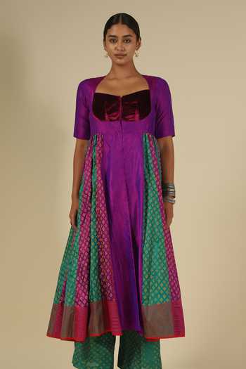 LATHA PUTTANNA_Purple Silk, Cotton, Velvet Block Print Karnataka Kurta And Trouser Set _Online_at_Aza_Fashions