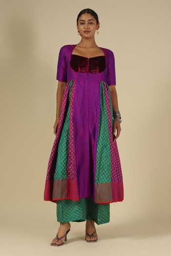 Shop_LATHA PUTTANNA_Purple Silk, Cotton, Velvet Block Print Karnataka Kurta And Trouser Set _Online_at_Aza_Fashions
