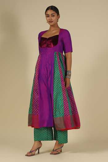 LATHA PUTTANNA_Purple Silk, Cotton, Velvet Block Print Karnataka Kurta And Trouser Set _at_Aza_Fashions