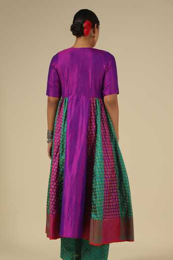 Buy_LATHA PUTTANNA_Purple Silk, Cotton, Velvet Block Print Karnataka Kurta And Trouser Set 