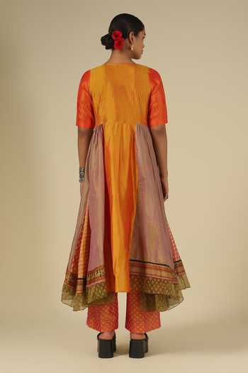 Shop_LATHA PUTTANNA_Gold Silk, Cotton, Velvet Square Neck, Block Print Karnataka Kurta And Pant Set _at_Aza_Fashions