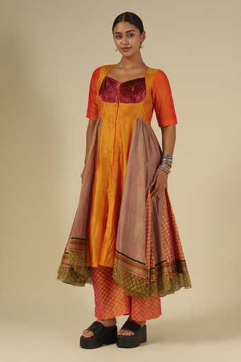 LATHA PUTTANNA_Gold Silk, Cotton, Velvet Square Neck, Block Print Karnataka Kurta And Pant Set _Online_at_Aza_Fashions