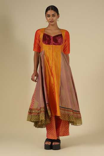 Buy_LATHA PUTTANNA_Gold Silk, Cotton, Velvet Square Neck, Block Print Karnataka Kurta And Pant Set _Online_at_Aza_Fashions