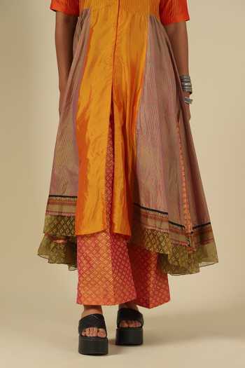 Shop_LATHA PUTTANNA_Gold Silk, Cotton, Velvet Square Neck, Block Print Karnataka Kurta And Pant Set _Online_at_Aza_Fashions