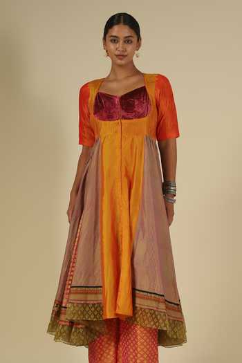LATHA PUTTANNA_Gold Silk, Cotton, Velvet Square Neck, Block Print Karnataka Kurta And Pant Set _at_Aza_Fashions
