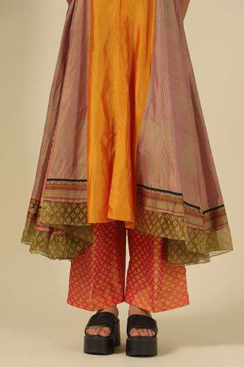 Shop_LATHA PUTTANNA_Gold Silk, Cotton, Velvet Square Neck, Block Print Karnataka Kurta And Pant Set 