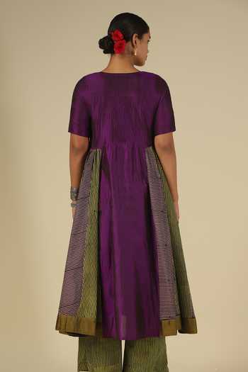 Buy_LATHA PUTTANNA_Green Silk, Cotton, Velvet Sweetheart Block Print Karnataka Kurta And Pant Set 