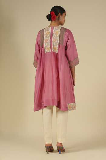 Shop_Latha Puttanna_Pink Silk, Chanderi, Tussar Embroidery Round Neck, Yes Thread Kurta Set _at_Aza_Fashions