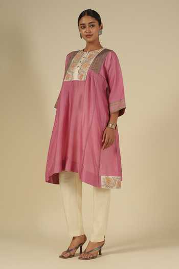 Latha Puttanna_Pink Silk, Chanderi, Tussar Embroidery Round Neck, Yes Thread Kurta Set _Online_at_Aza_Fashions