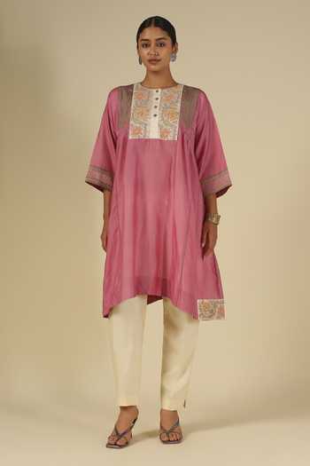 Buy_Latha Puttanna_Pink Silk, Chanderi, Tussar Embroidery Round Neck, Yes Thread Kurta Set _Online_at_Aza_Fashions