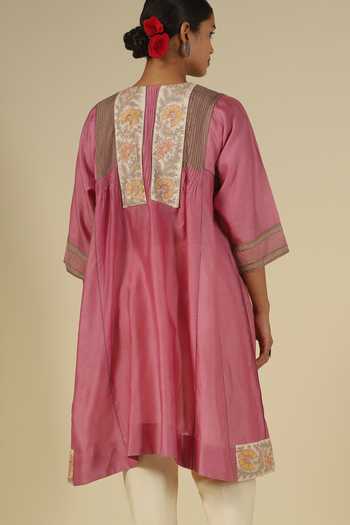 Shop_Latha Puttanna_Pink Silk, Chanderi, Tussar Embroidery Round Neck, Yes Thread Kurta Set _Online_at_Aza_Fashions