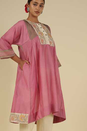 Latha Puttanna_Pink Silk, Chanderi, Tussar Embroidery Round Neck, Yes Thread Kurta Set _at_Aza_Fashions