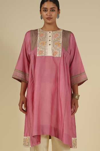 Shop_Latha Puttanna_Pink Silk, Chanderi, Tussar Embroidery Round Neck, Yes Thread Kurta Set 